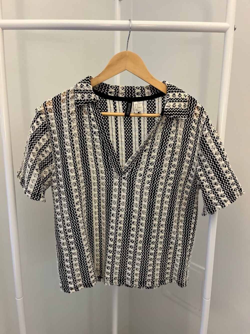 H&M Black and White Crochet-Striped Short Sleeve Top